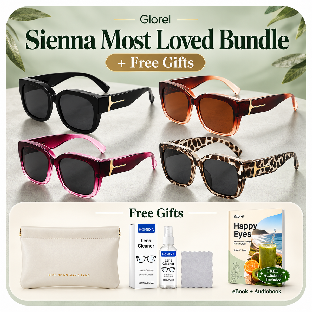Glorel Sienna Most Loved Bundle: 4 Sienna Fit Overs in Black, Tortoise, Berry and Smoke Leopard with a free pouch, premium lens cleaning spray kit and Happy Eyes eBook + audiobook